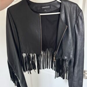 Lamarque Black Leather Fringe Moto Jacket